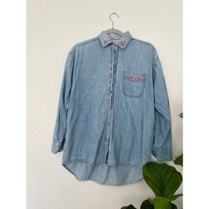 Vintage Instant Action Pink Floral Embroidered Denim Button Up Top Size M